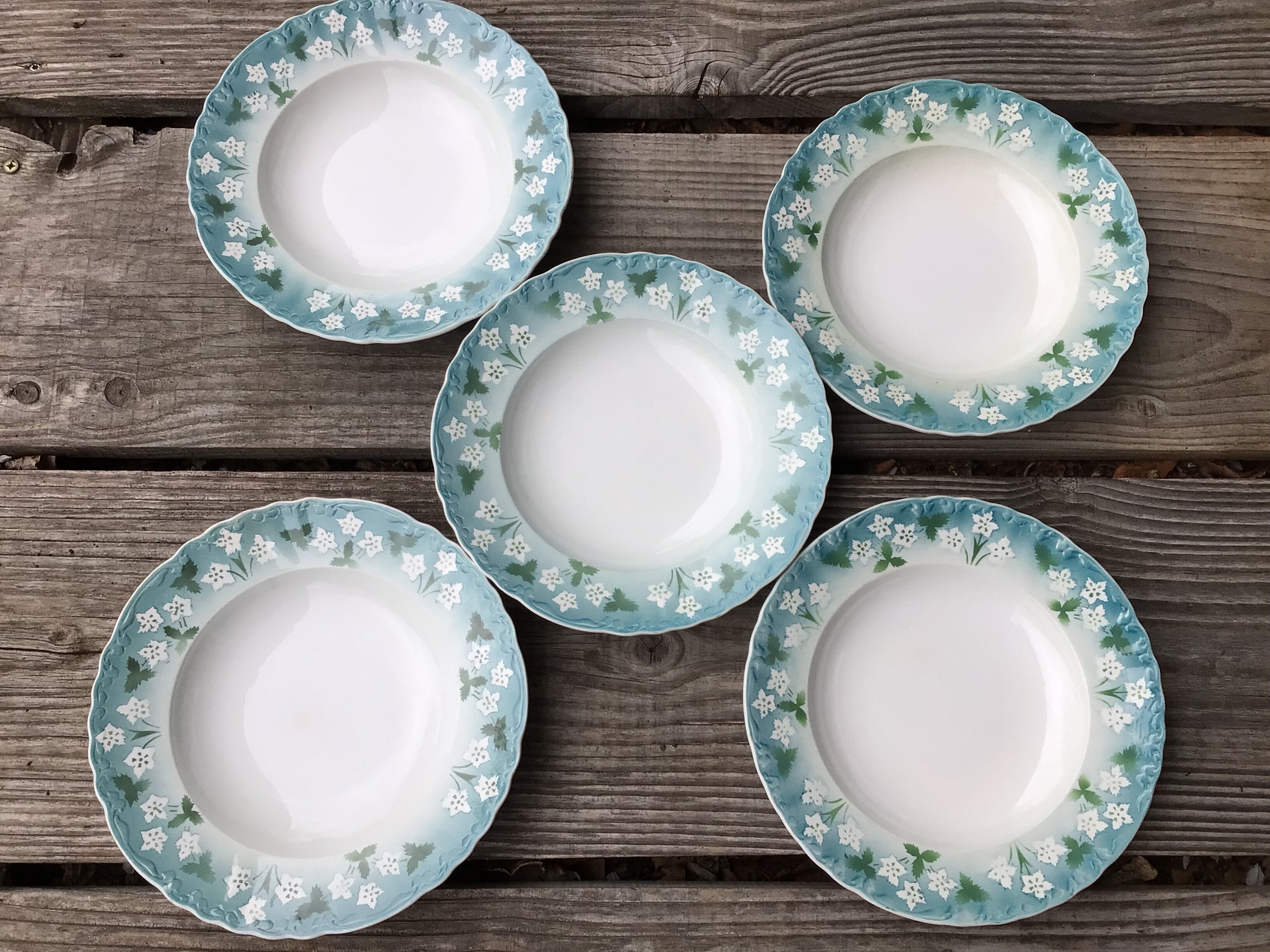 5 Hollow plates Sarreguemines wavy edge blue white flowers