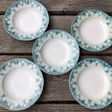 5 assiettes creuses Sarreguemines bord ondulé bleu fleurs blanches