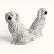 Pair of King Charles Spaniel dogs in Staffordshire majolica style.