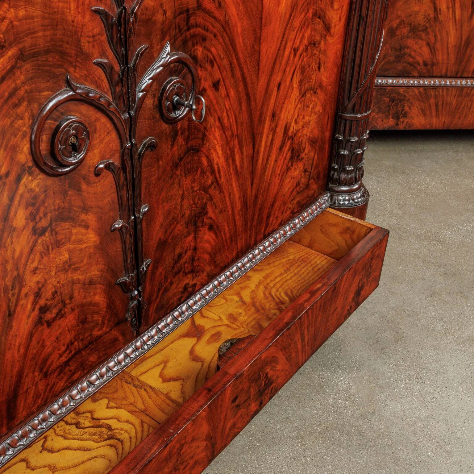 Restored antique buffets in chestnut, mahogany, and marble, 19th century.