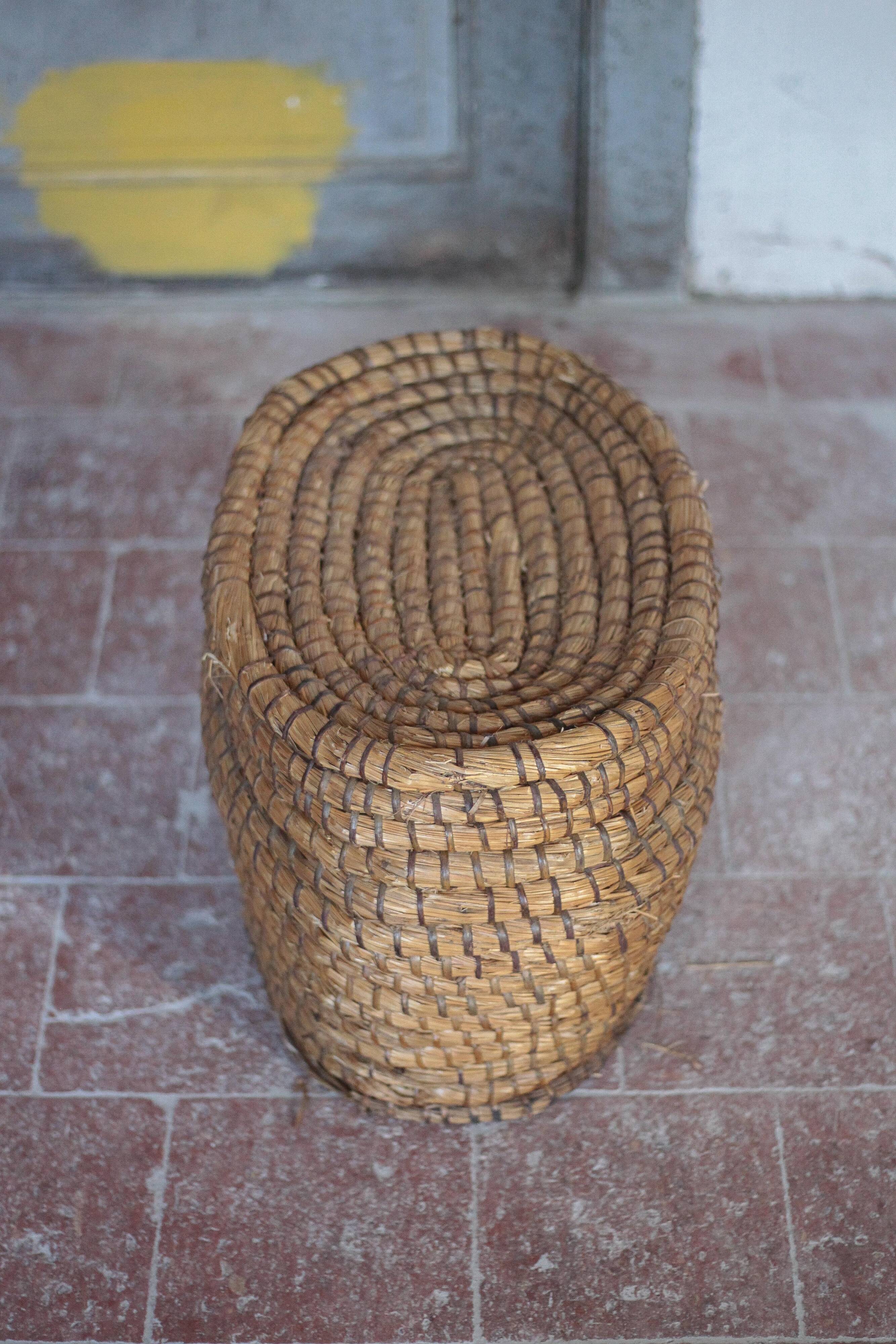 Antique basket, straw and bramble, woven basket with lid