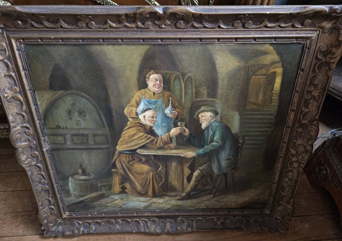 Granval: oil painting on canvas depicting a tasting scene in the cellars of a monastery.