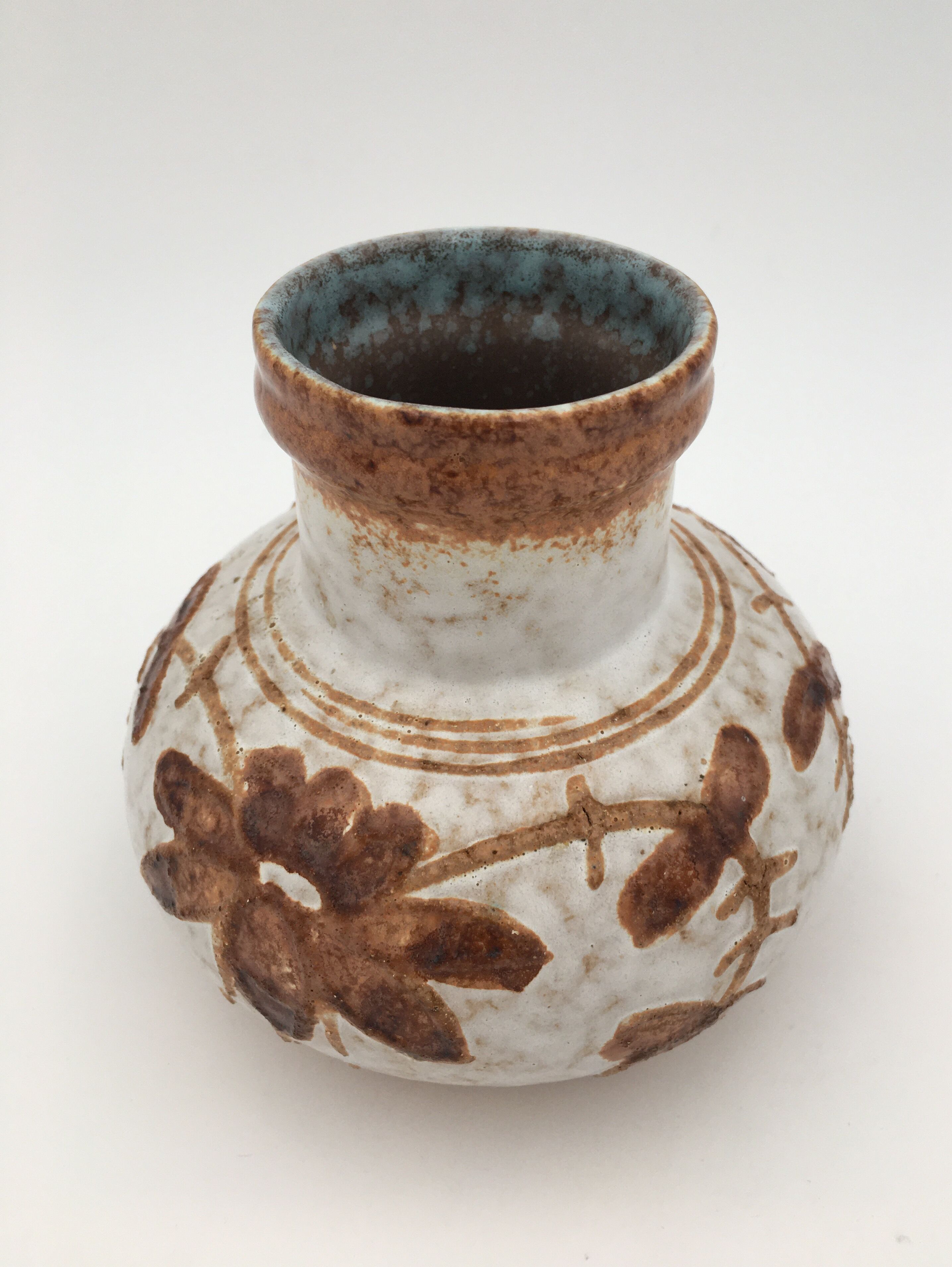 Vintage glazed ceramic vase, floral pattern, brown, beige - 1970s