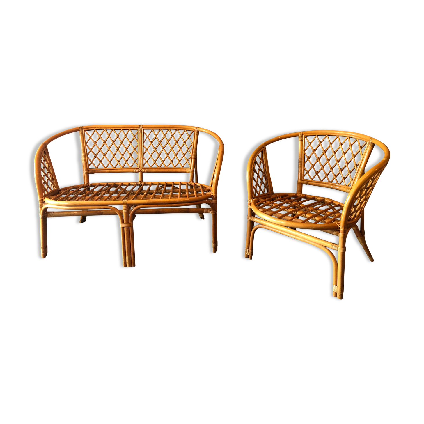 Bamboo and rattan bench and armchair