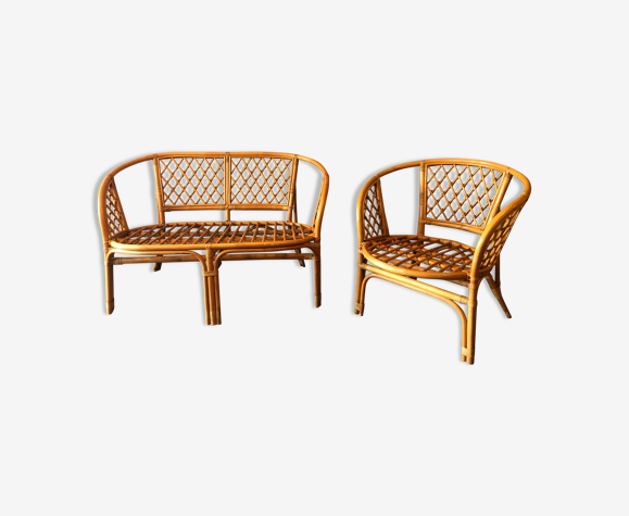 Banquette et fauteuil bambou et rotin