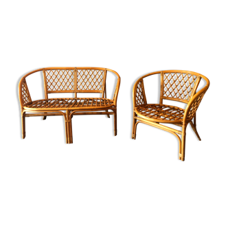 Bamboo and rattan bench and armchair