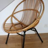 Fauteuil rotin enfant piètement métal 1950