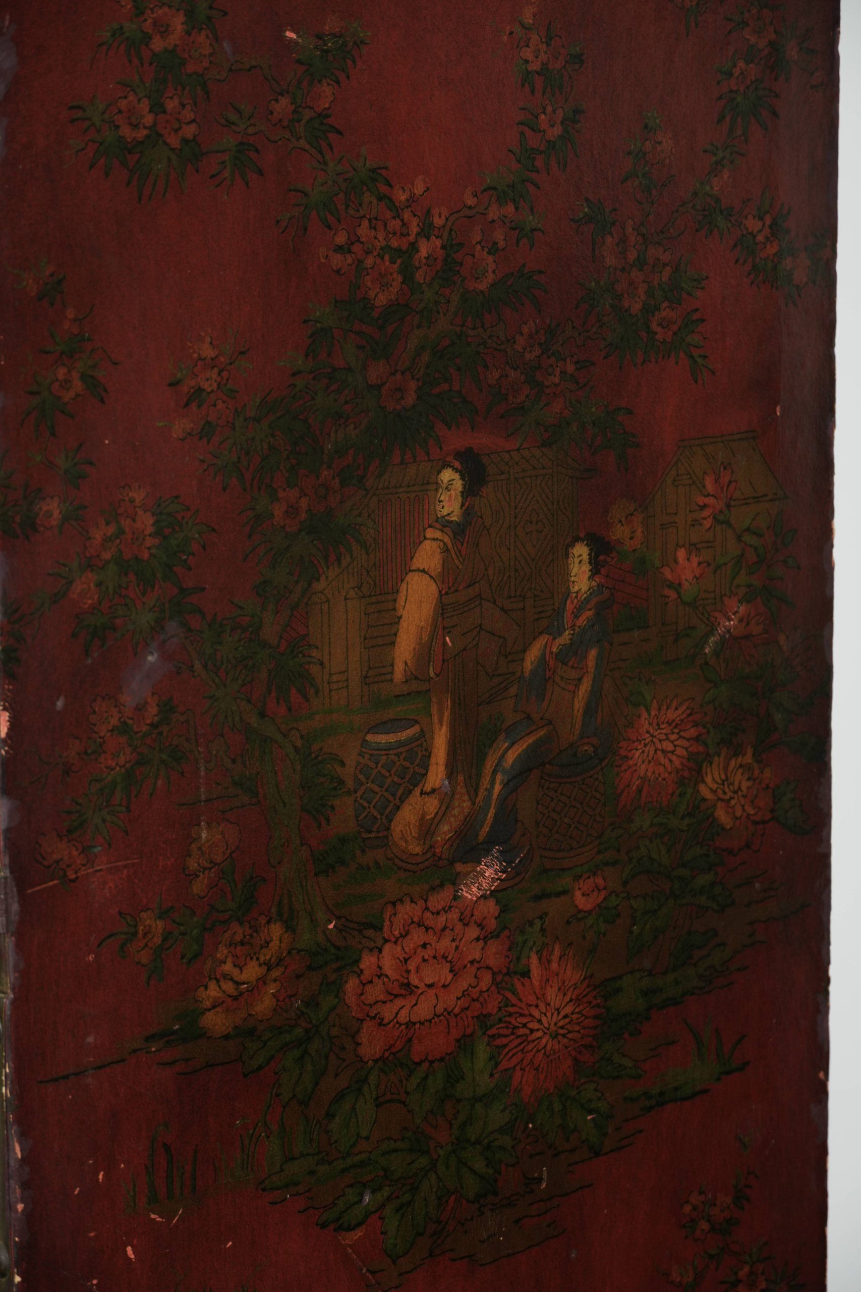 Antique English red leather hand-painted chinoiserie room divider/ screen