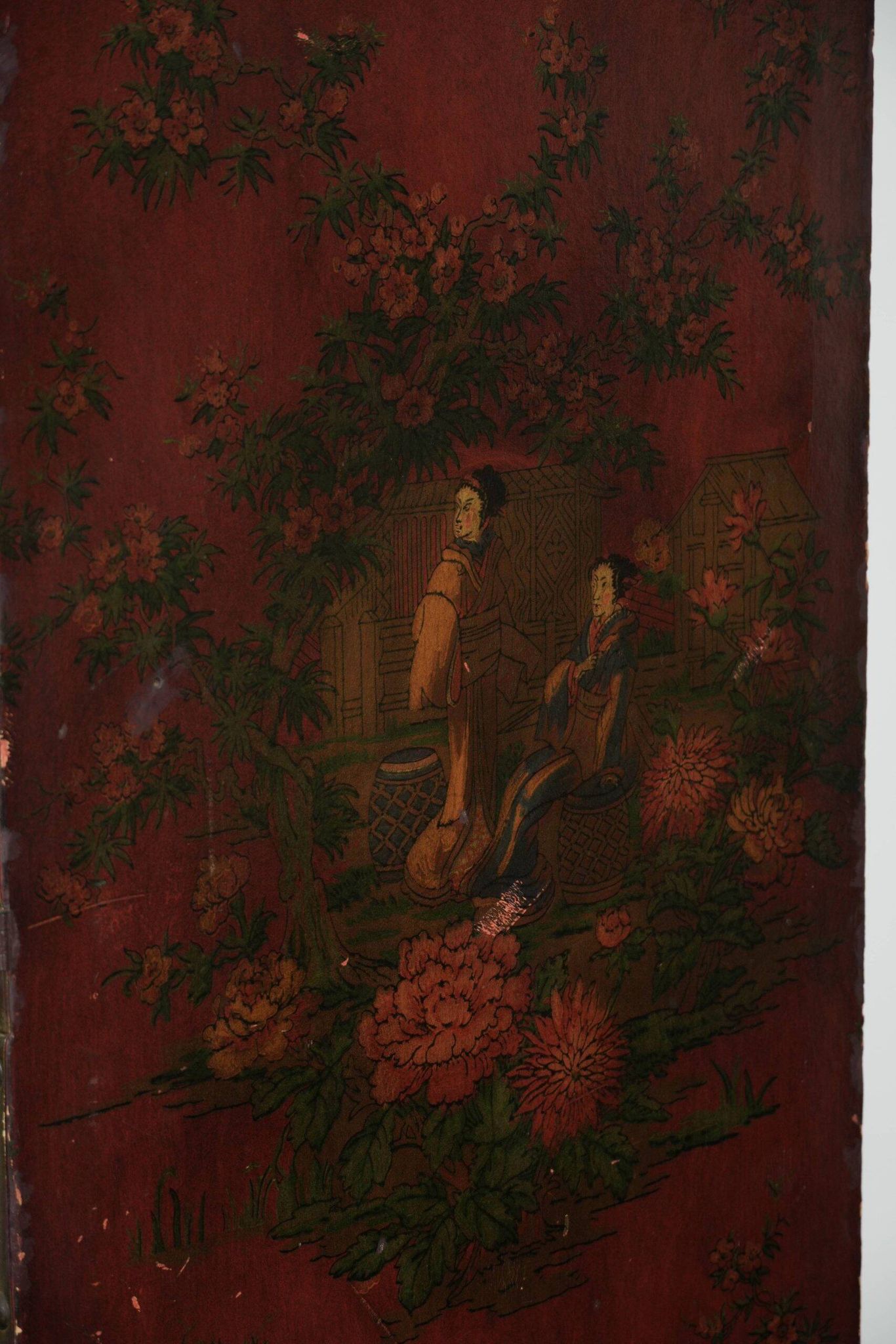 Antique English red leather hand-painted chinoiserie room divider/ screen