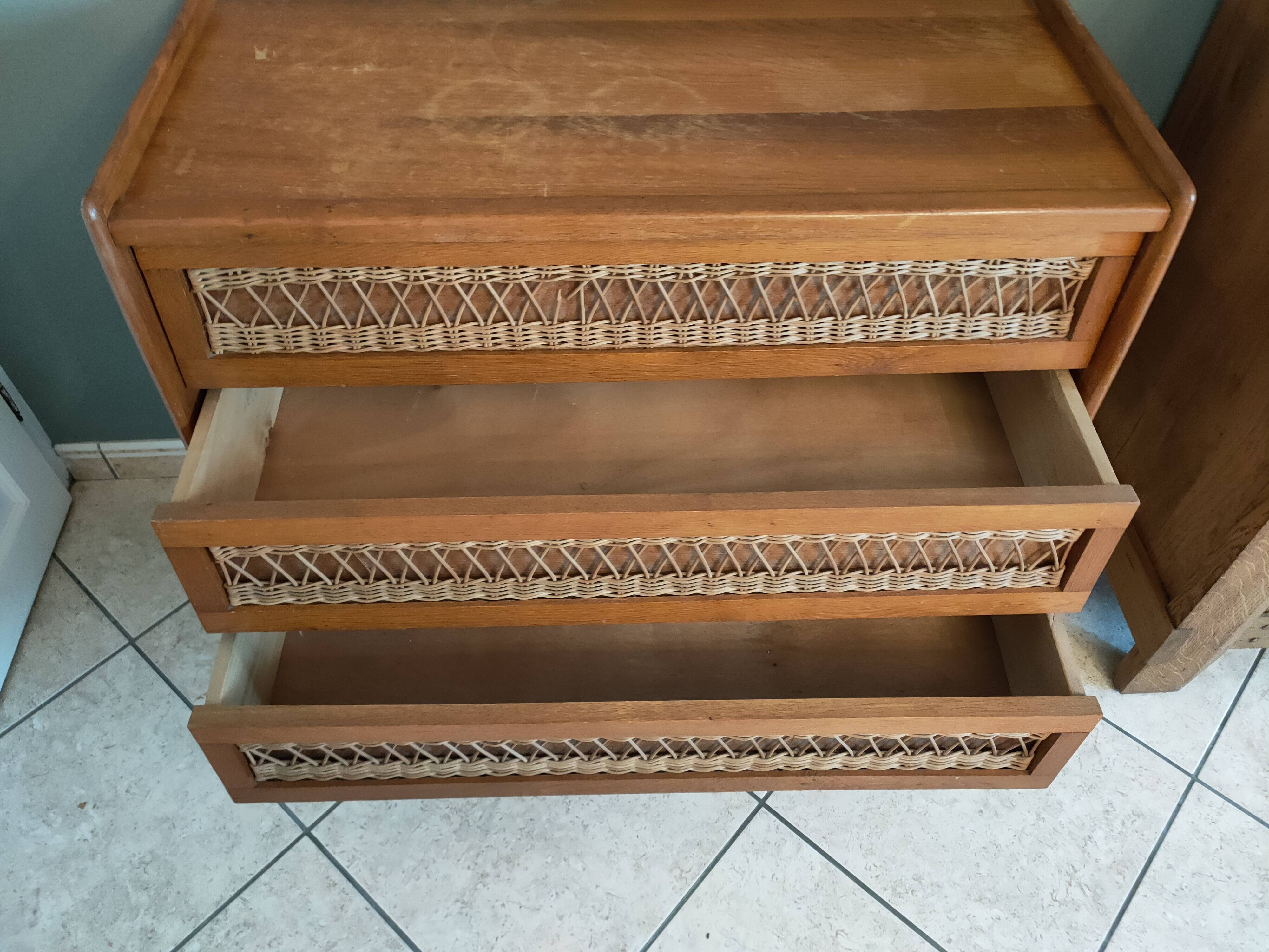 Vintage rattan and oak chest of drawers from the 1960s
