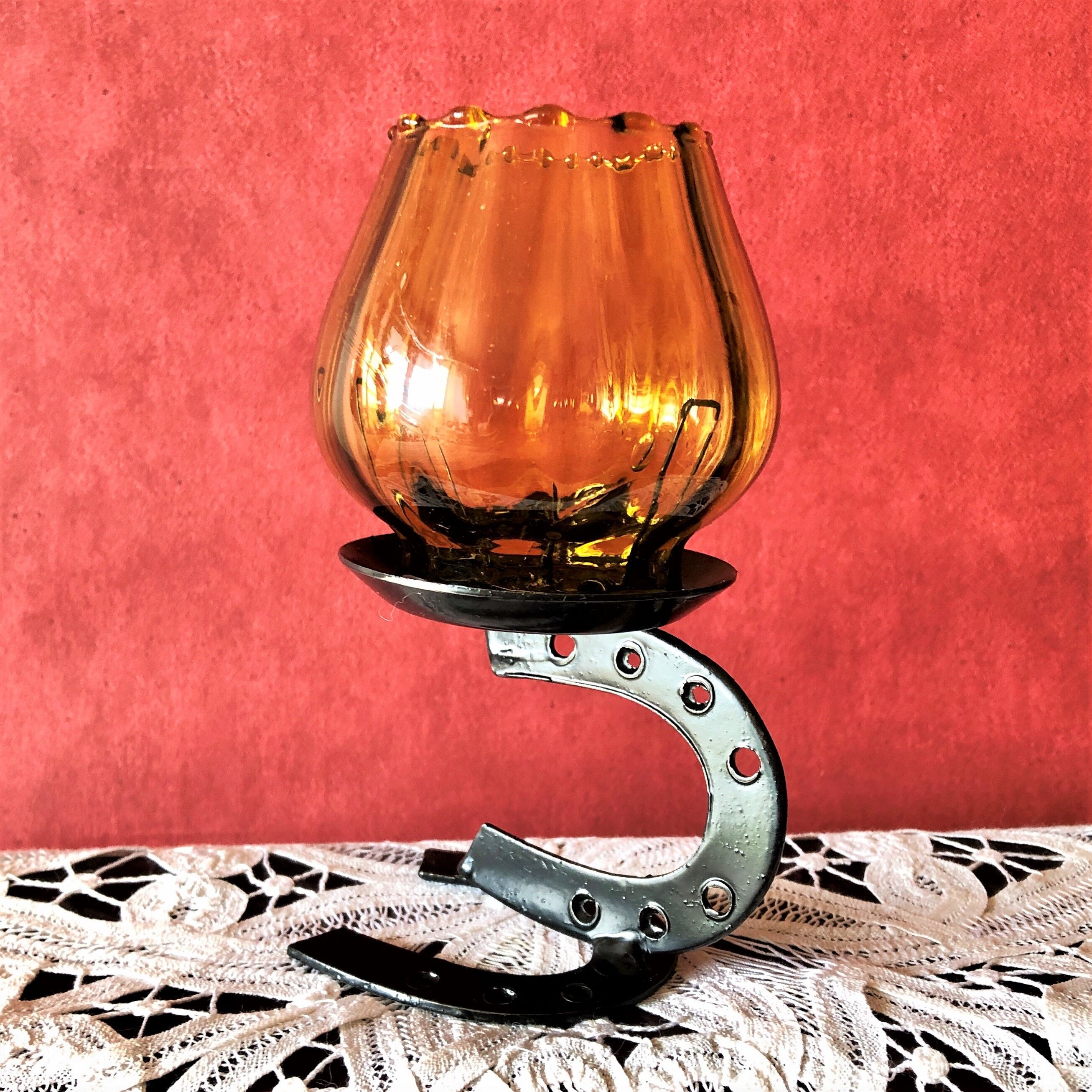 Candle holder photophore metal horseshoe and vintage amber glass