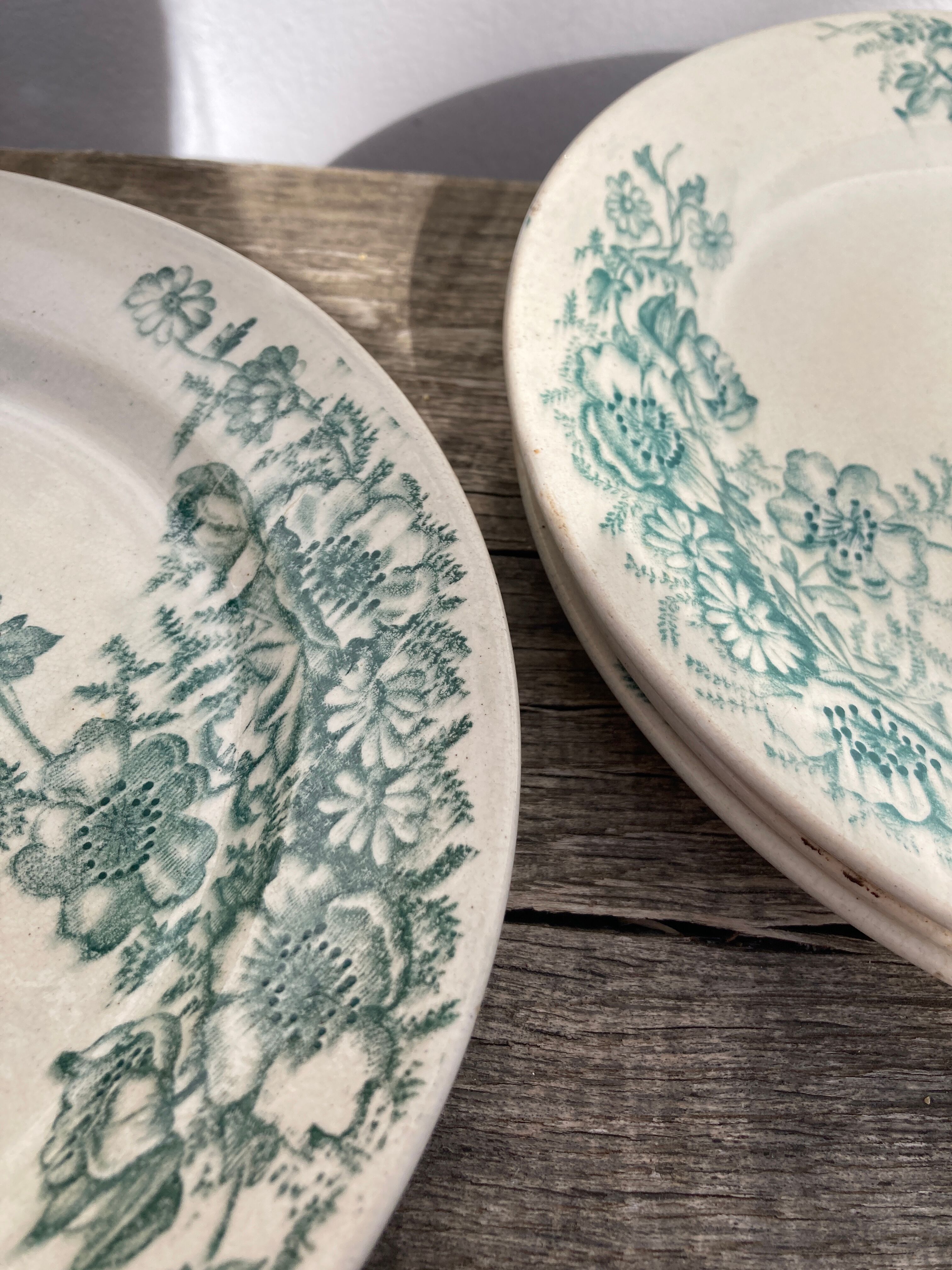 8 Terre de fer plates Anémones Bertrand Bordeaux old in green ceramic decorated with flowers