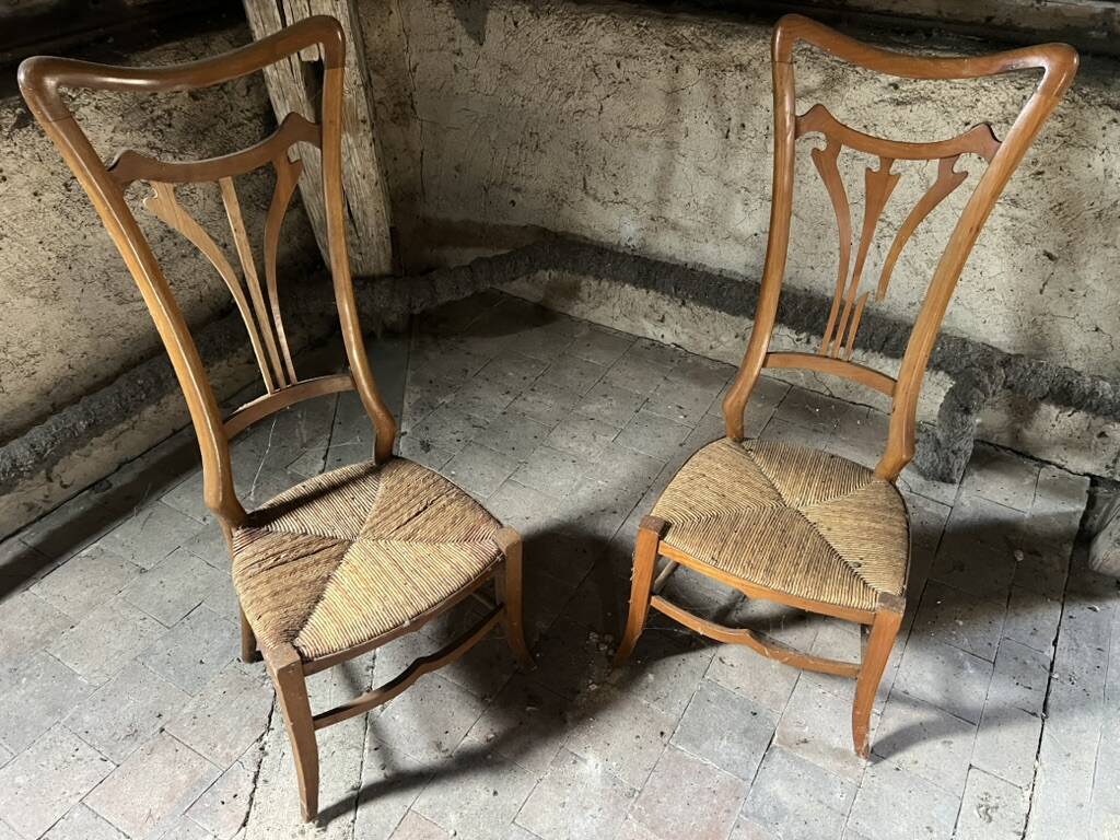 Pair of Vintage Art Nouveau Chairs in Light Wood and Woven Straw Seat