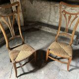 Paire de Chaises Vintage Art Nouveau en Bois Clair et Assise Paille Tressée