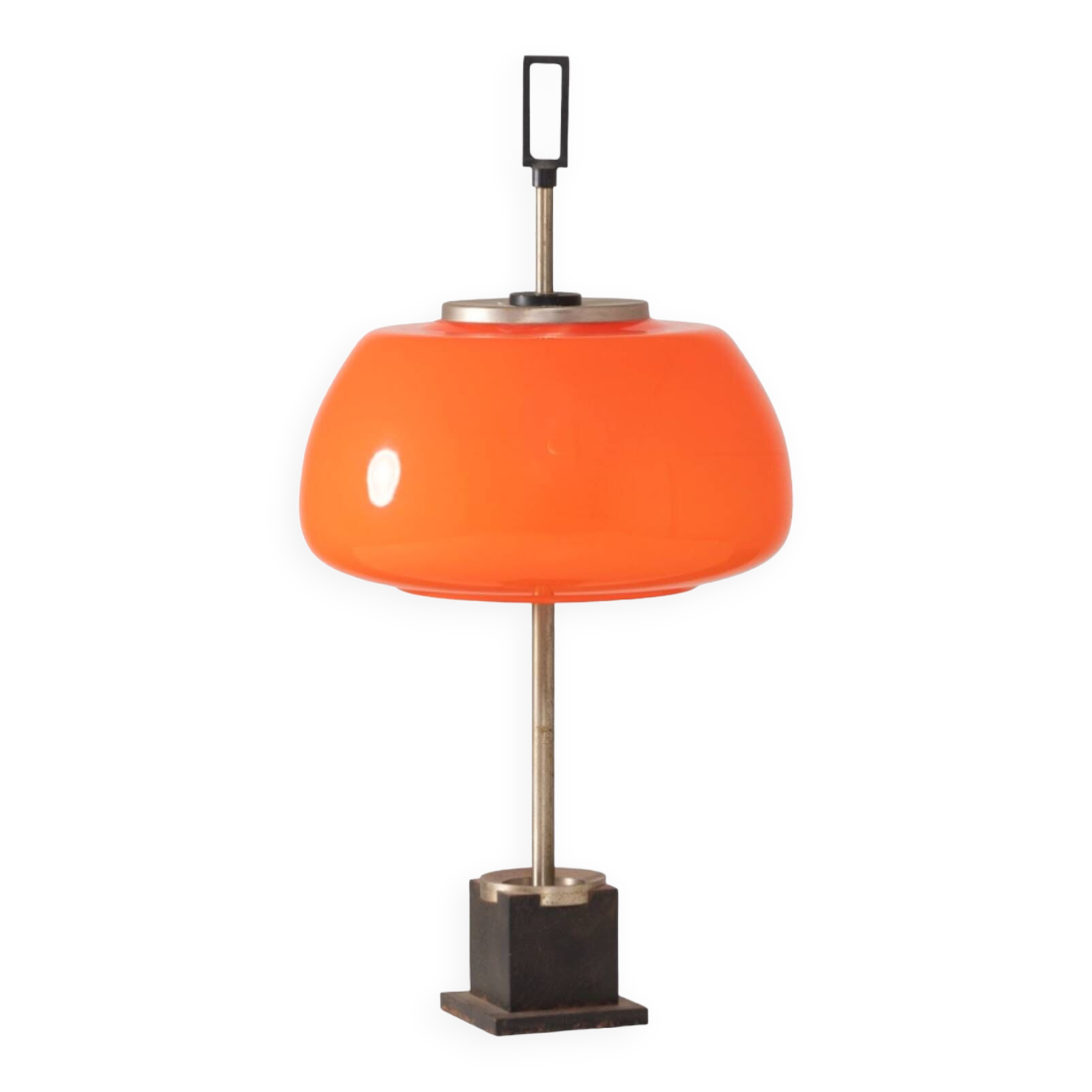 Oscar Torlasco, orange glass table / desk lamp, Prod. Lumi, 1960 ca.