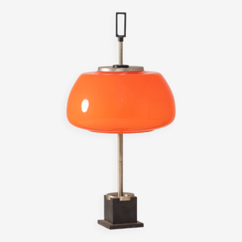 Oscar Torlasco, orange glass table / desk lamp, Prod. Lumi, 1960 ca.