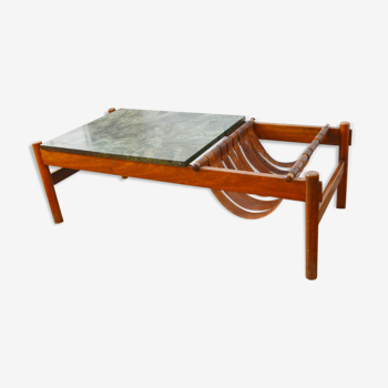 Dujo cuba coffee table in green marble and rosewood 70s