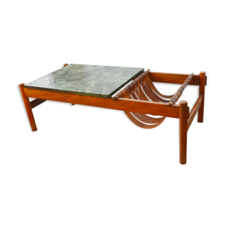 Dujo cuba coffee table in green marble and rosewood 70s