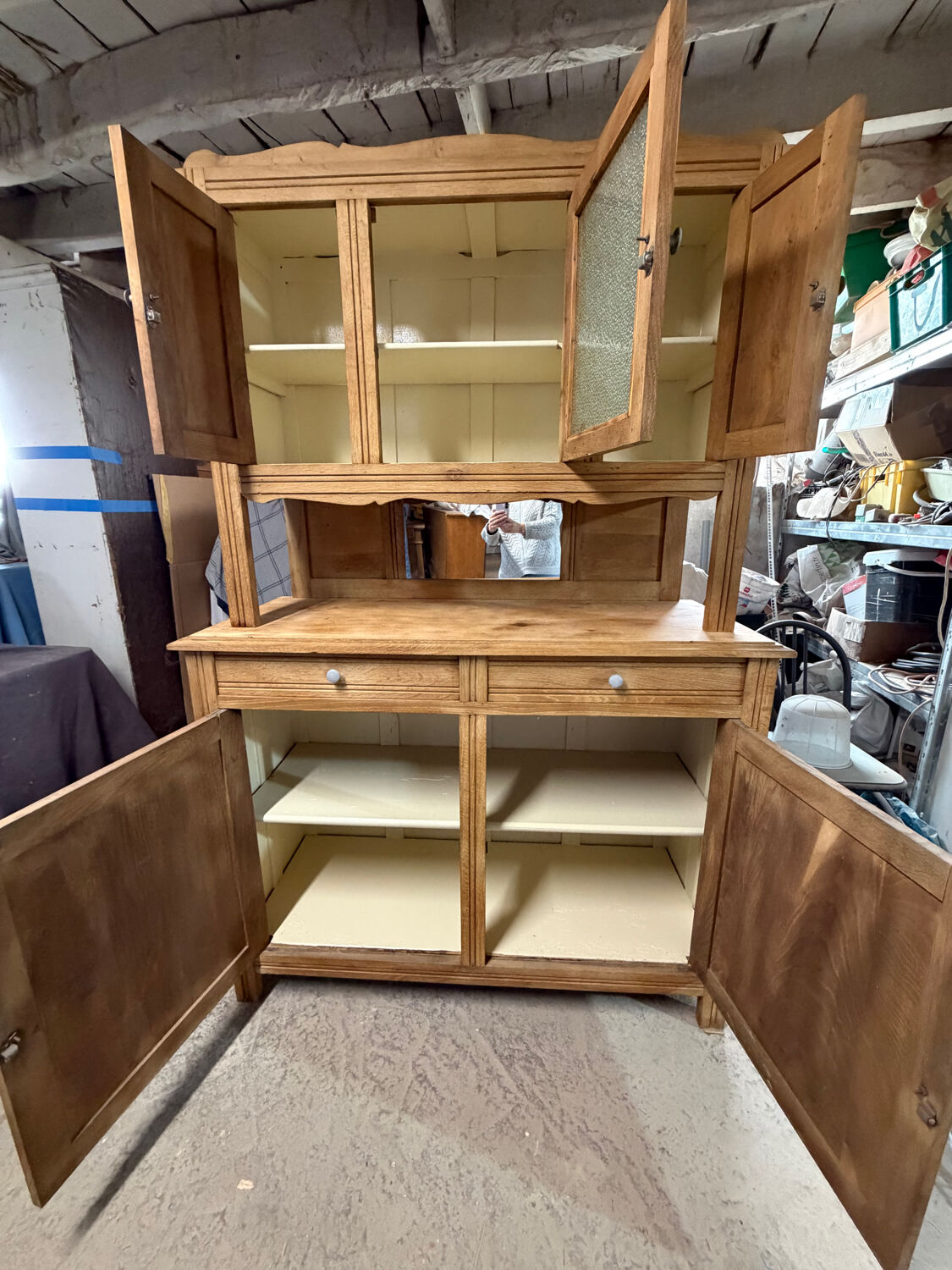 Renovated solid oak sideboard – vintage chic country buffet – glass display