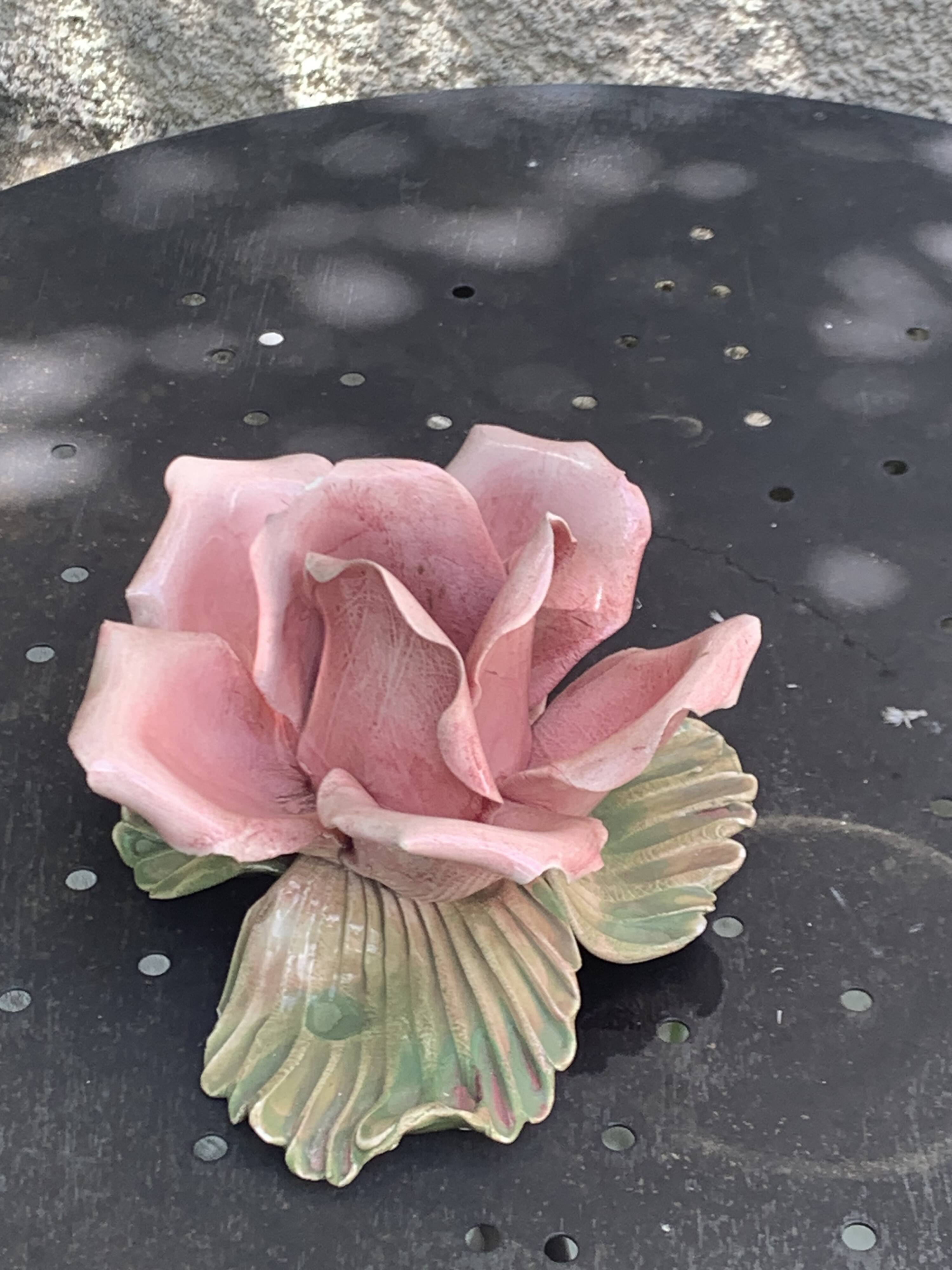 Pink candle holder in slip, old biscuit