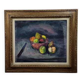 Table Painting Old Still Life Apples circa 1950.