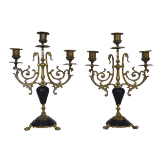 Paire de candélabres à 3 branches bronze style Napoléon III à pattes de lion. XIXème