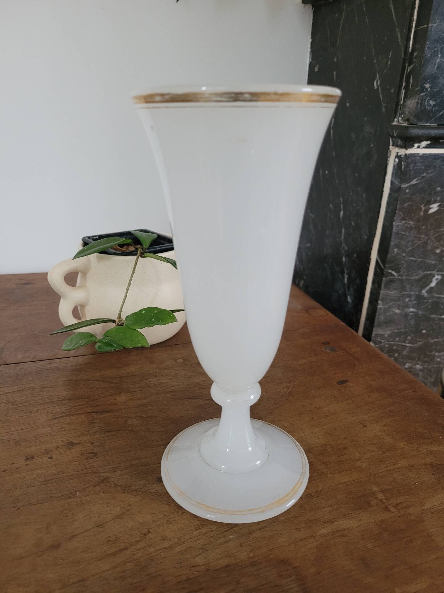 White opaline bowl with golden trim