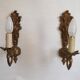 Pair French Gilt Bronze Single Wall Sconces Leaf & Feather Plume Detail