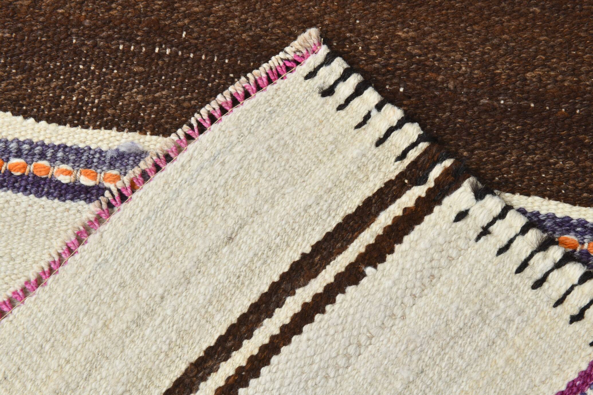 2x11 Brown & Cream Vintage Kilim Runner Rug, 75x337Cm