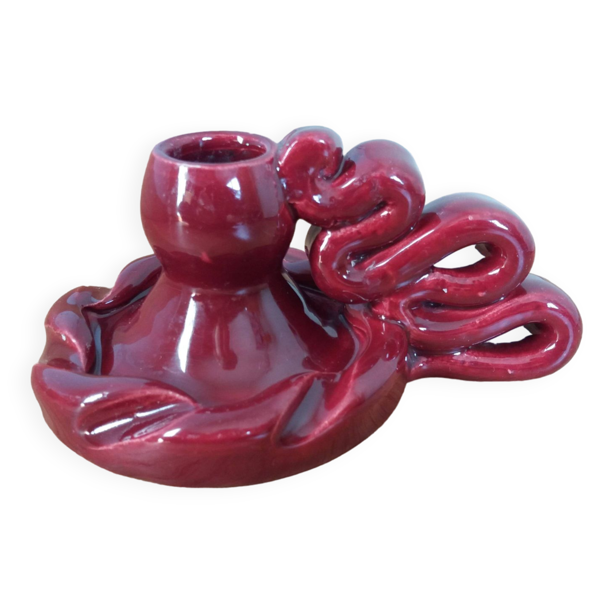 Vallauris style burgundy slip candle holder