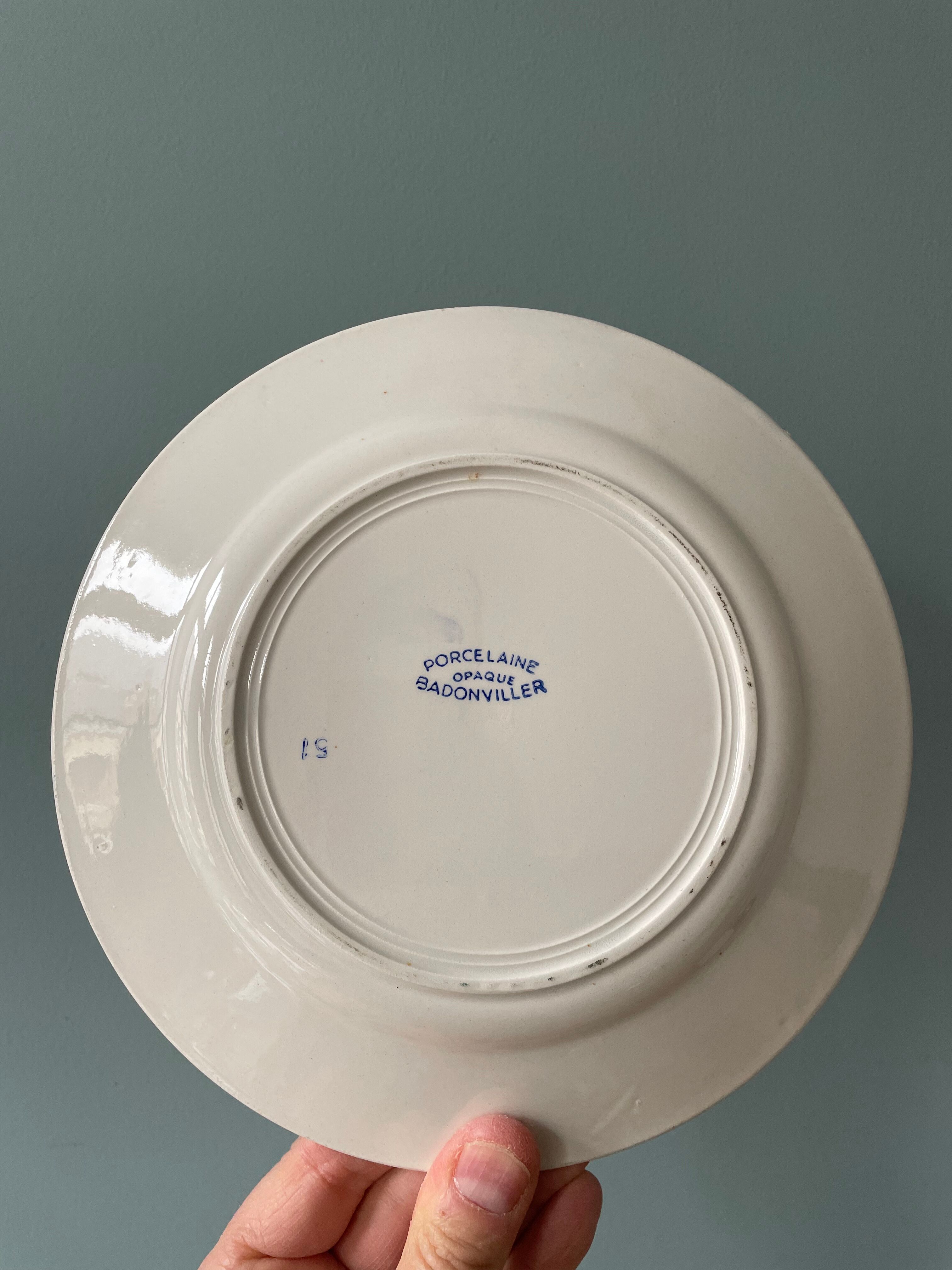 Lot de 9 assiettes plates vintage en porcelaine opaque de Badonviller