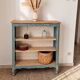 Antique wooden bookshelf with a patinated blue-green finish.