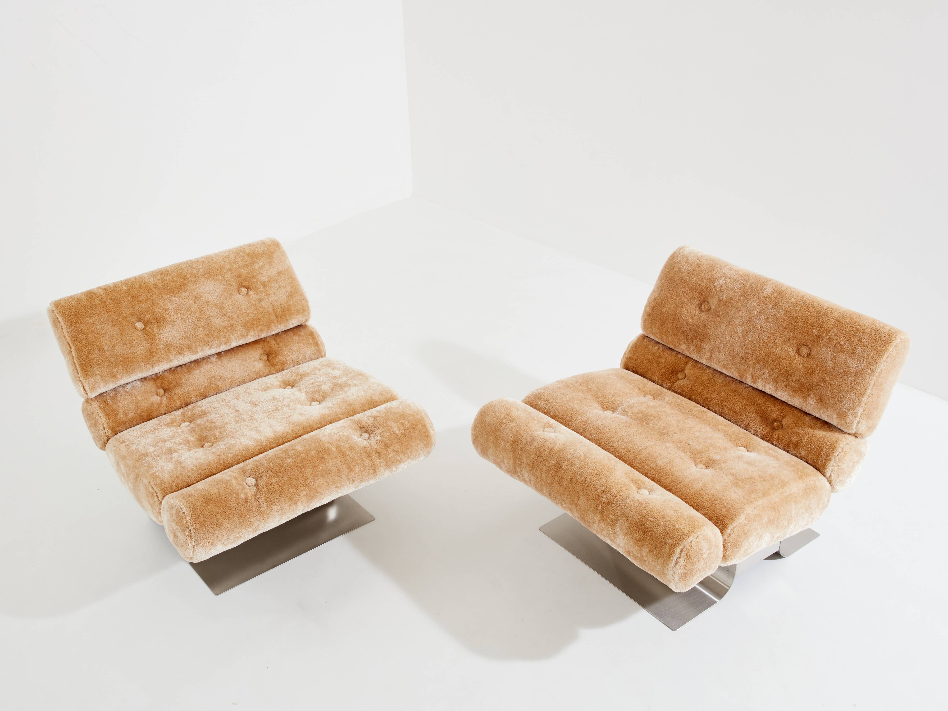 Pair of steel and Mohair velvet armchairs by François Monnet 1970