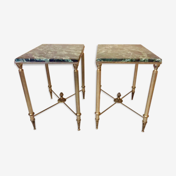 Pair of neoclassical marble green and Golden brass side tables