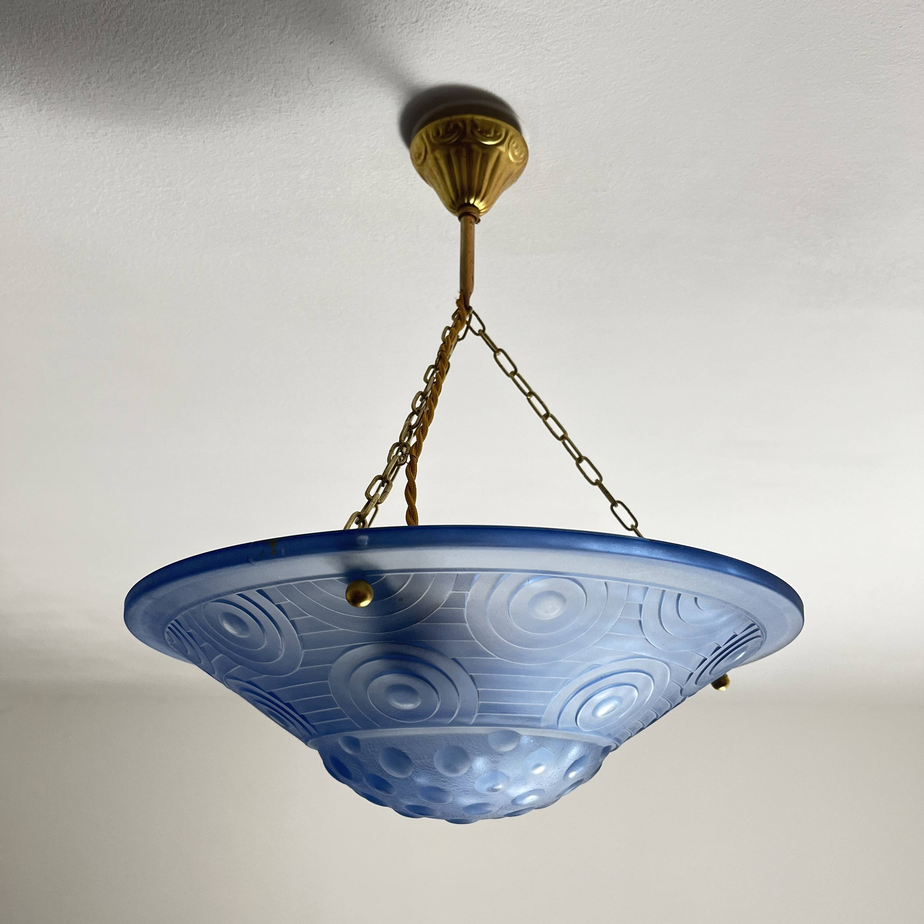 Blue pressed glass basin with Art Deco geometric patterns