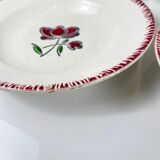 Set of 6 porcelain soup plates, Badonviller, red flower, 1950