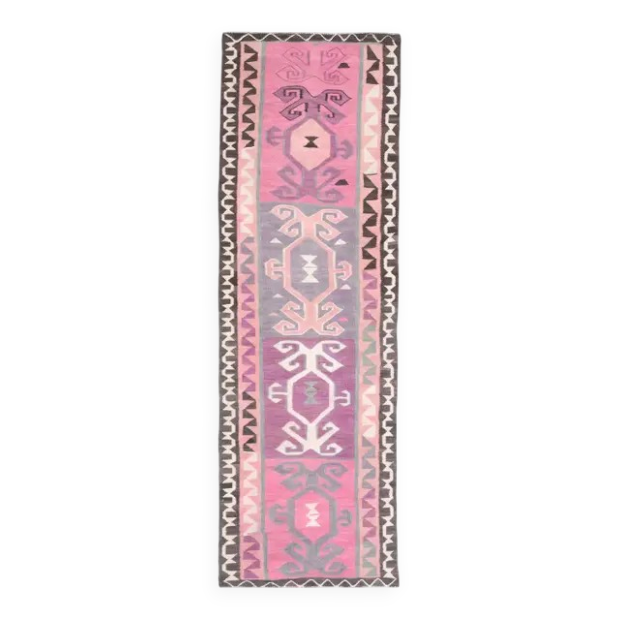 1970s Vintage Turkish Hand-Knotted Wool Cotton Pink Runner Rug 98x303
