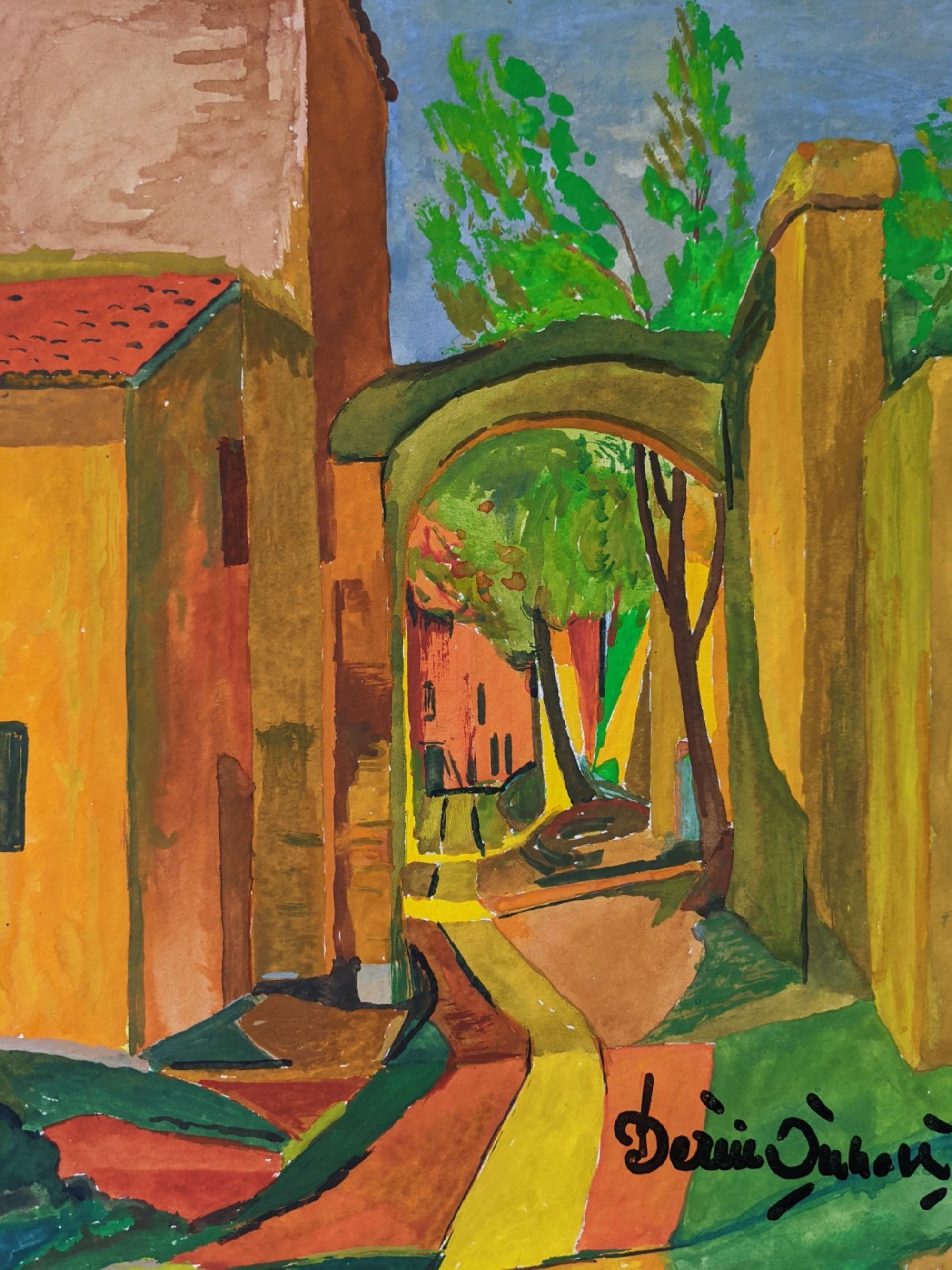 Mid-century modern swedish "the pathway" vintage framed watercolour