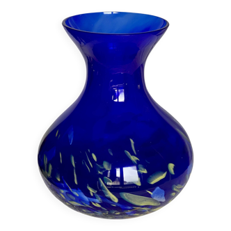 Vase verre bleu moucheté La Rochère vintage 1970-80