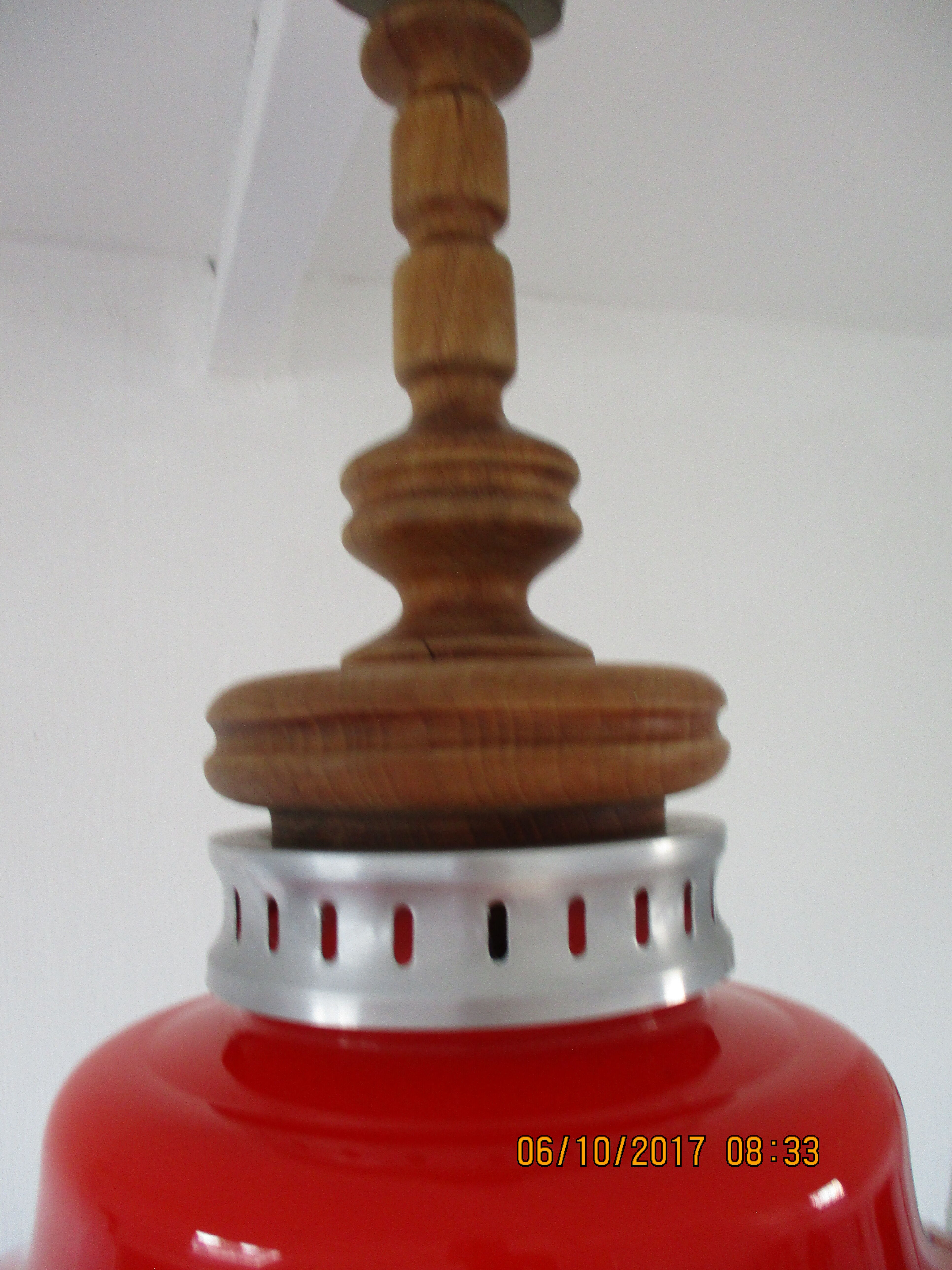 Large suspension in orange opaline and wood design 70s