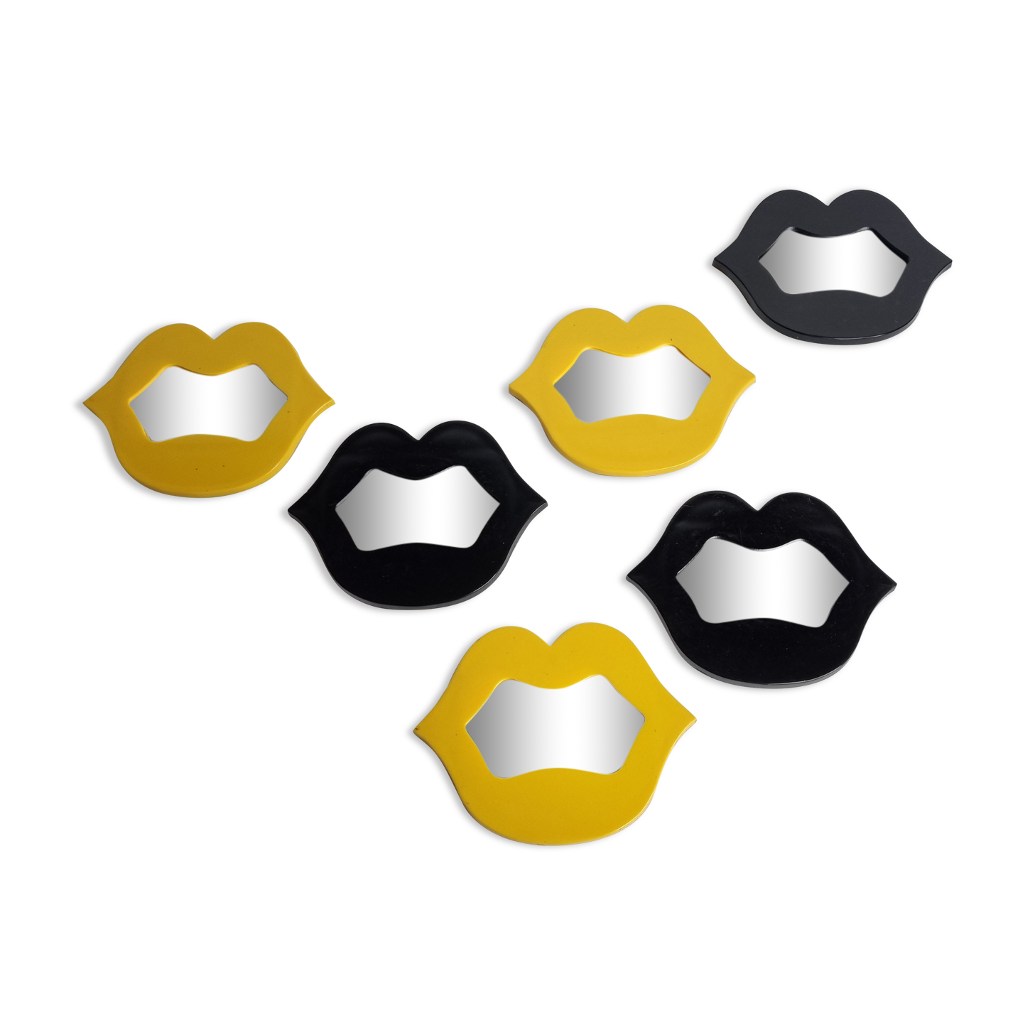 Set of 6 vintage mirrors "Marilyne" creation Samson, black and yellow, 70s
