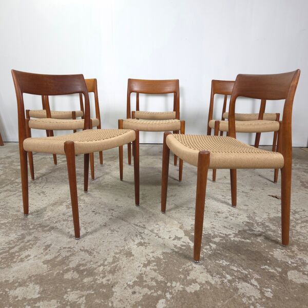 Chaise de salle à manger Niels Møller modèle 77 en teck avec nouvelle corde à papier