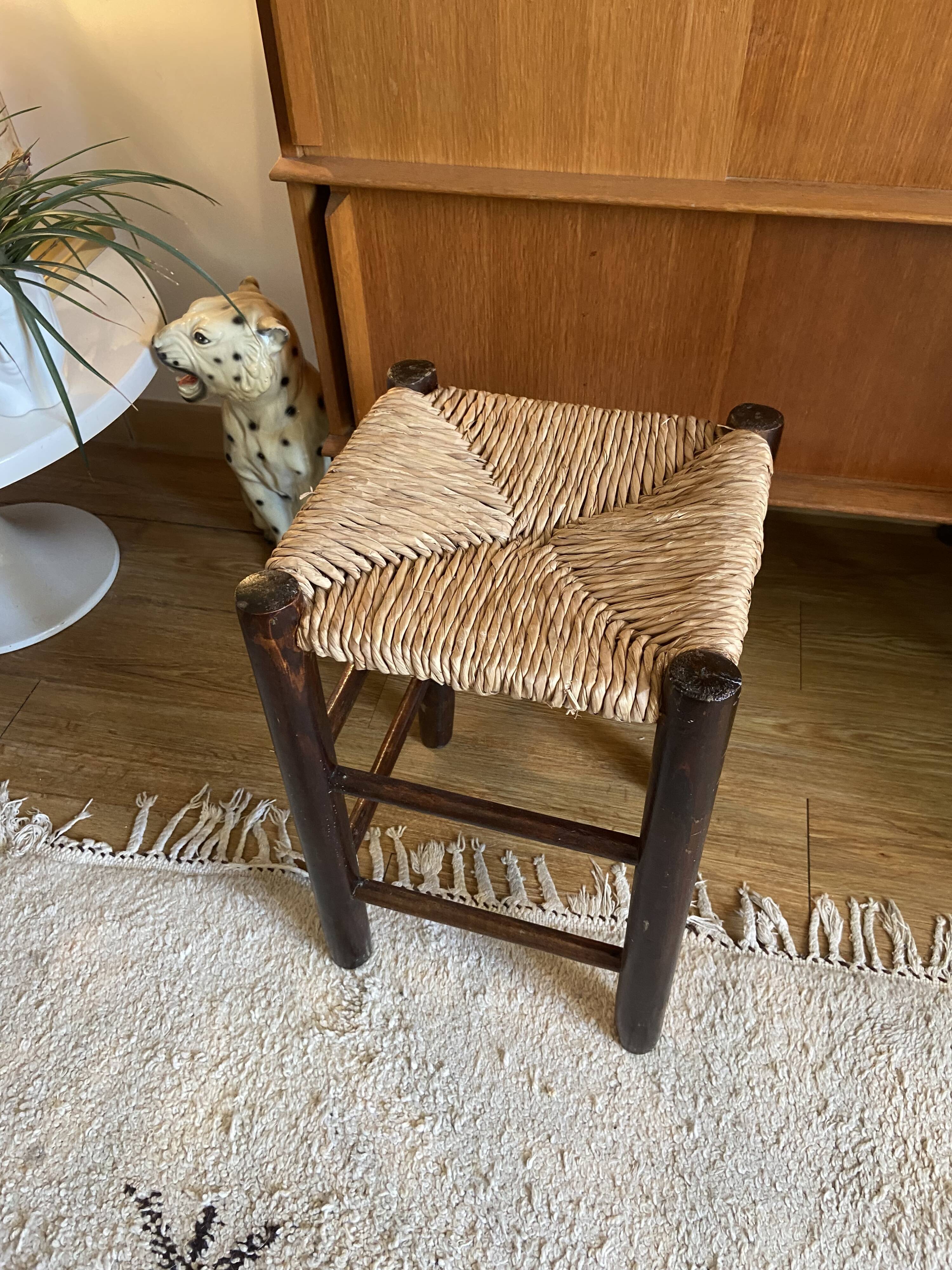 Vintage wooden and straw stool