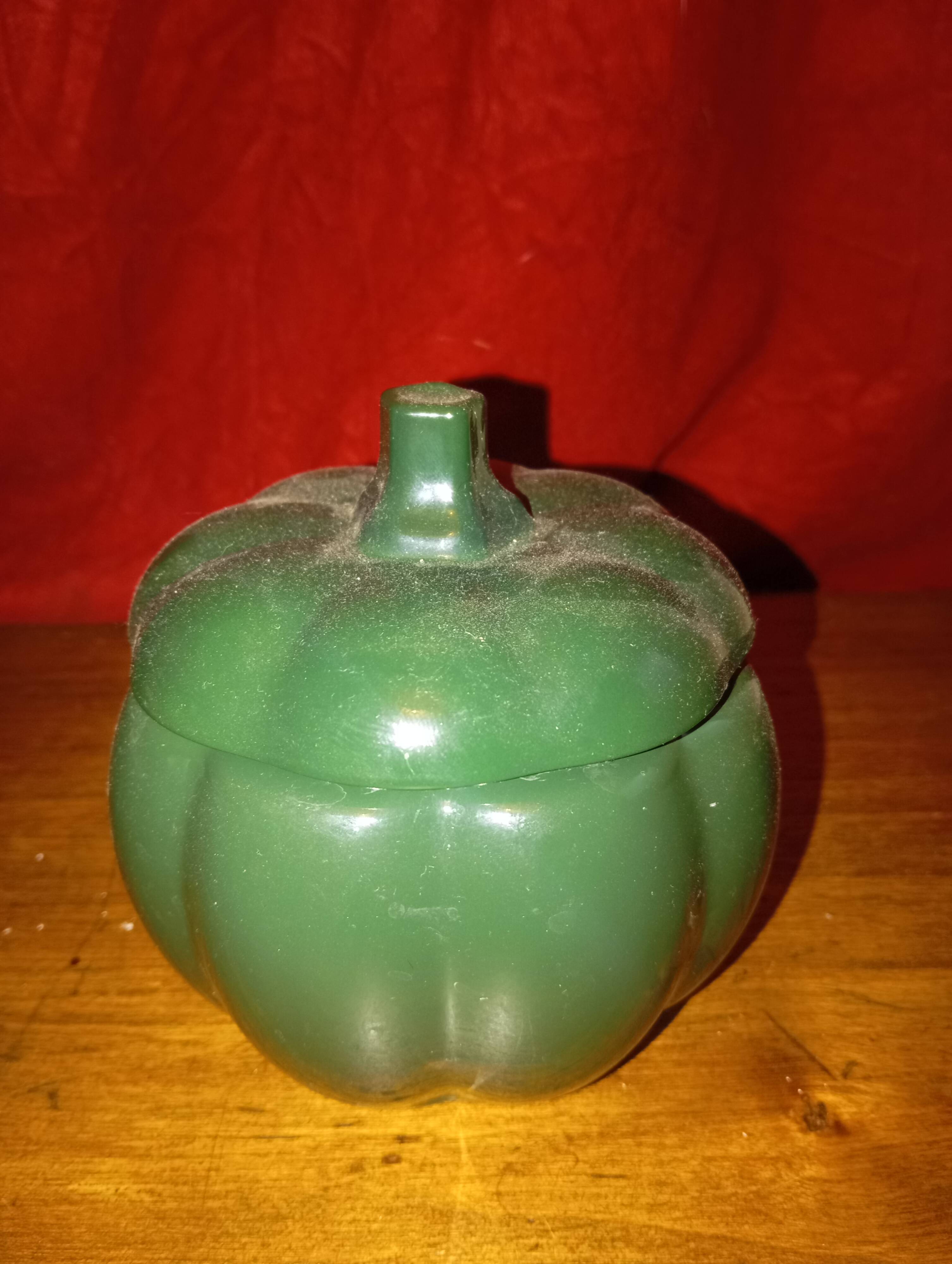 Candy box / glass sugar bowl in the shape of a green pumpkin