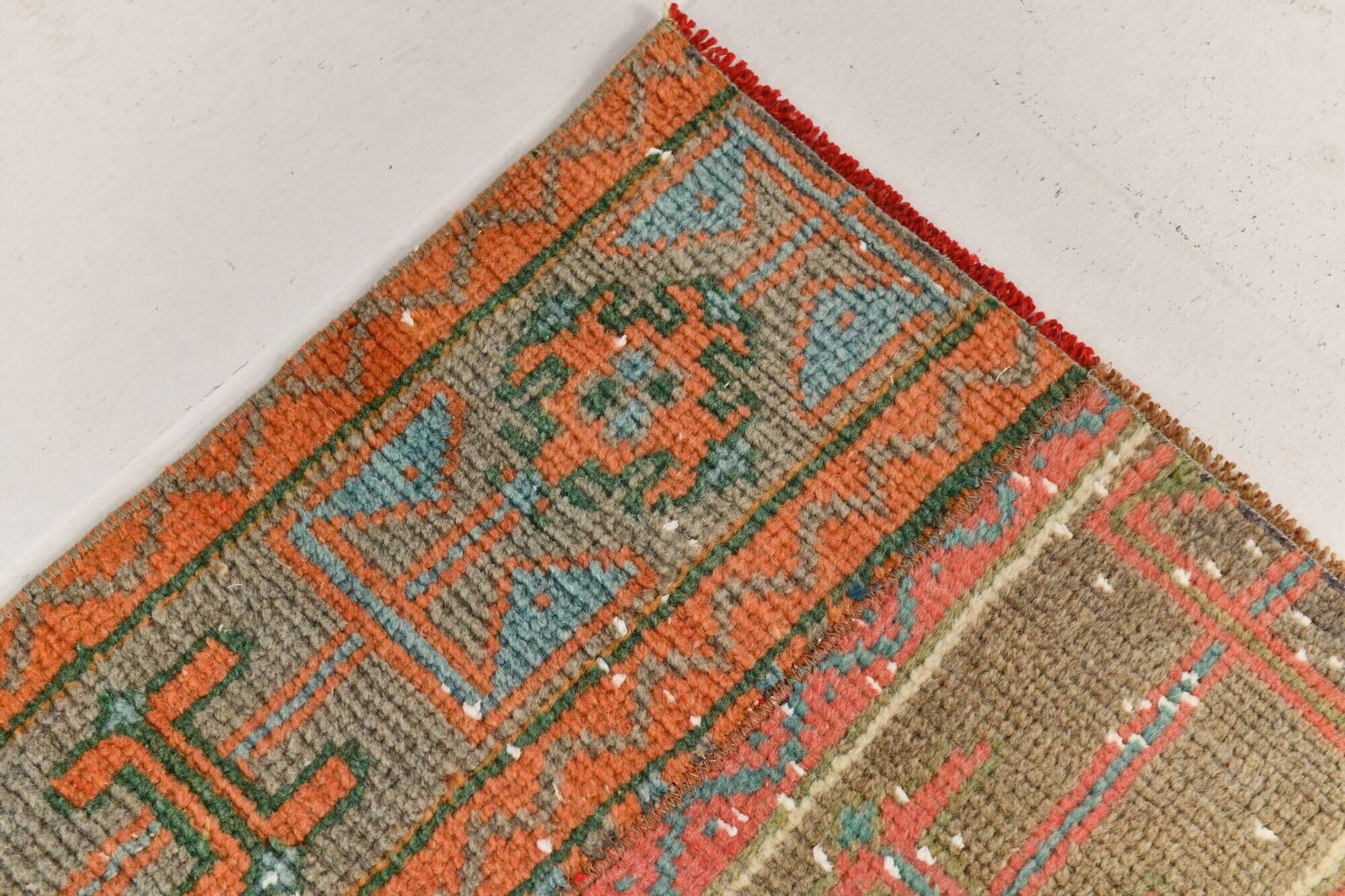 2x9 Vintage Coral Orange & Green Turkish Runner Rug, 70x275Cm