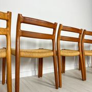 1960s Set of 6 Danish Teak Papercord Dining Chairs Model 84 by Niels Møller