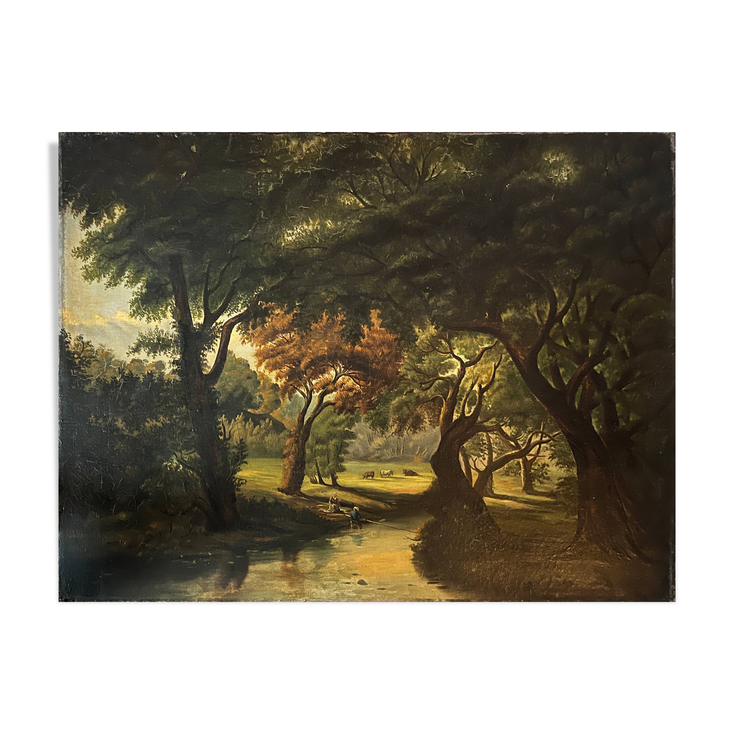 Tableau HST "Paysage pastoral animé vaches et couple" landscape XIX° siècle