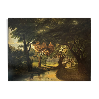 Tableau HST "Paysage pastoral animé vaches et couple" landscape XIX° siècle