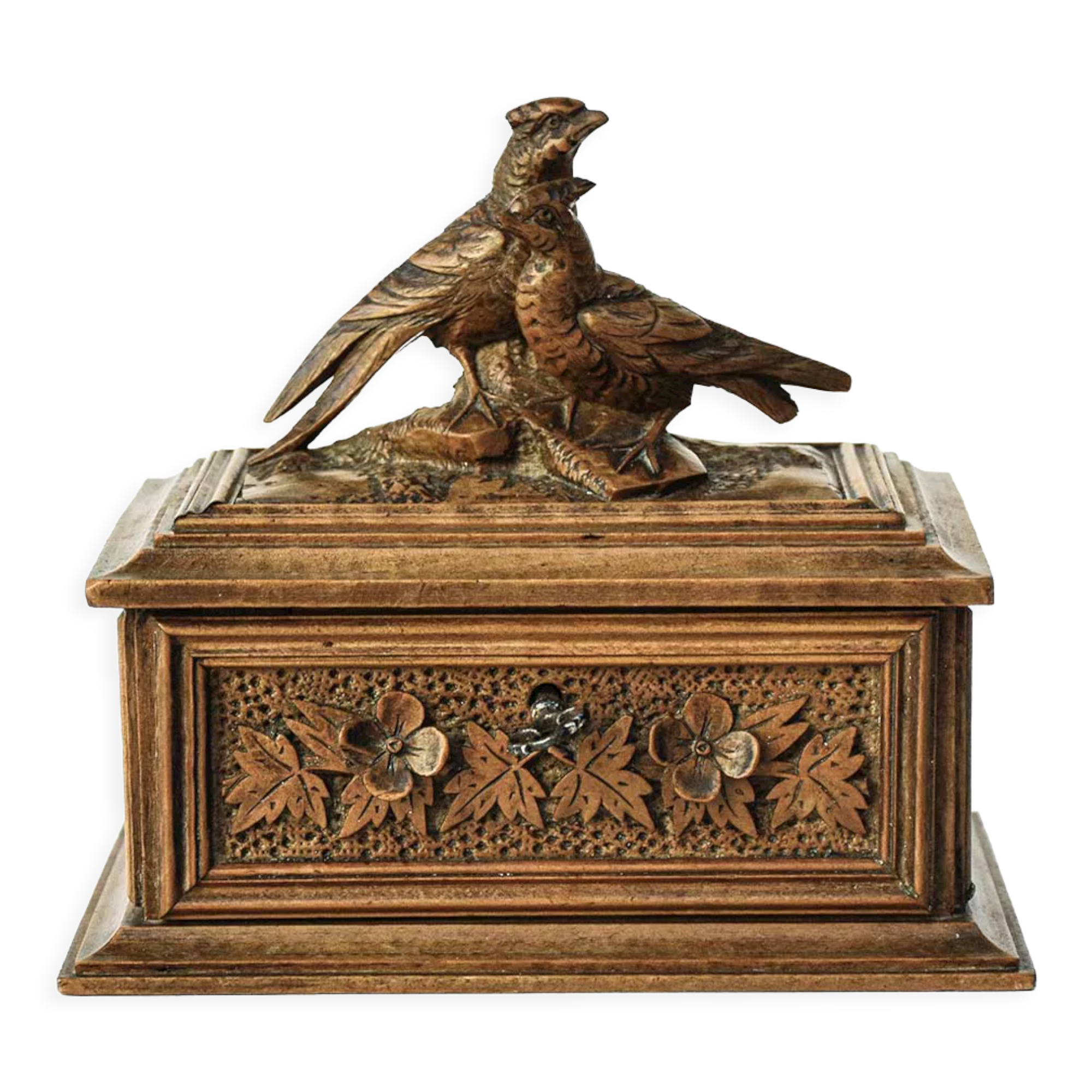 Box box carved wood flower foliage 2 birds black forest with old key