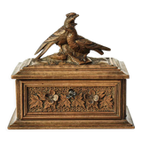 Coffret boite bois sculpté fleur feuillage 2 oiseaux forêt noire avec clef ancien